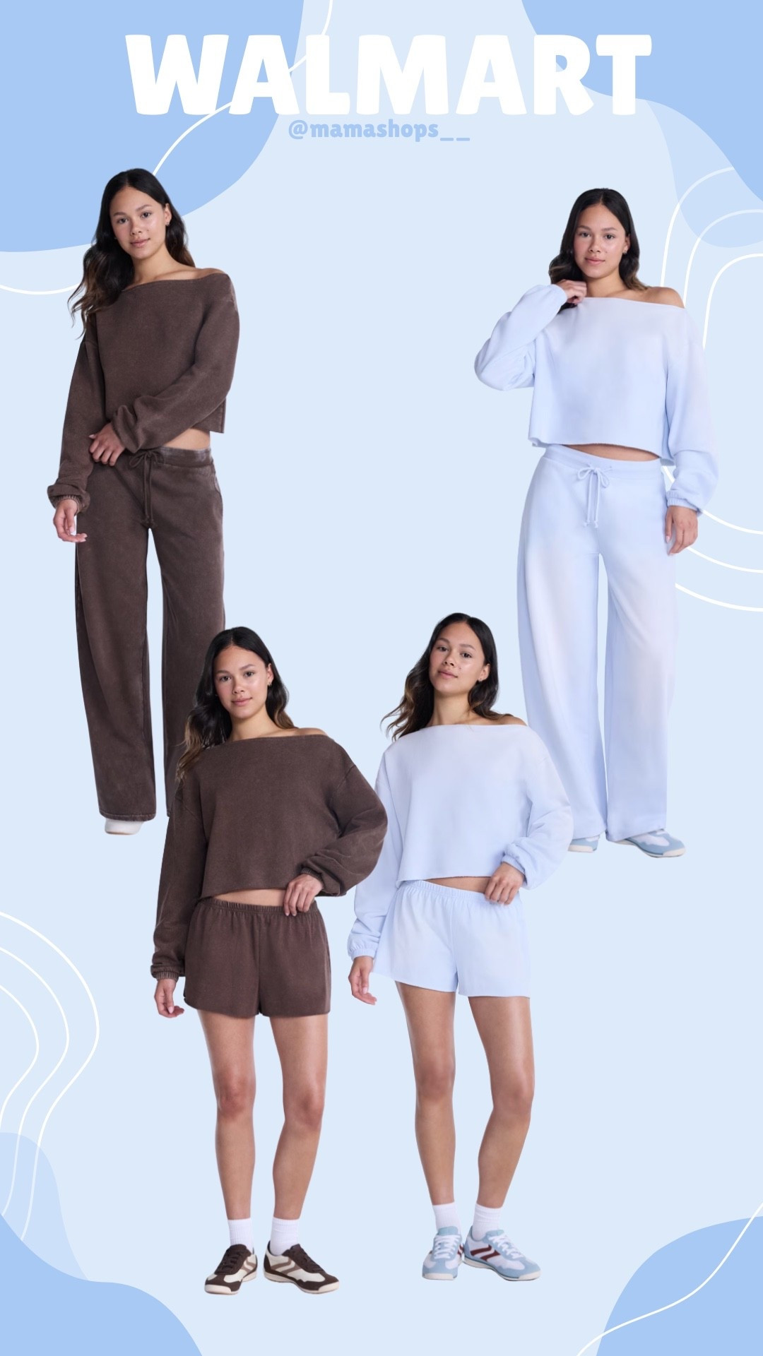 Check out these No Boundaries, women’s off the shoulder sweatshirt with matching pants & shorts! 💁🏻‍♀️😍 

Find them @ Walmart, linking everything here 🔗✨