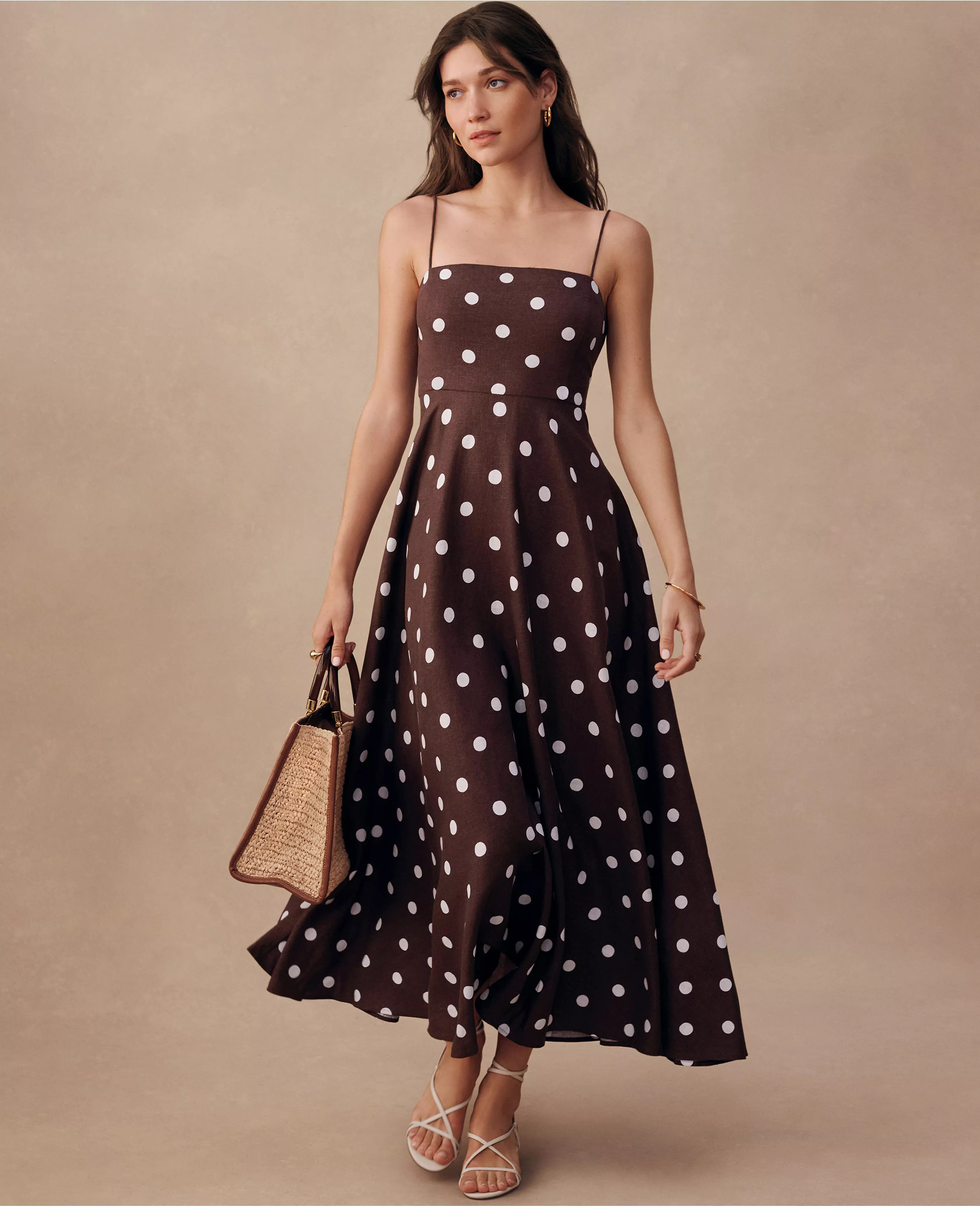 Dotted Linen Blend Midi Dress | Ann Taylor