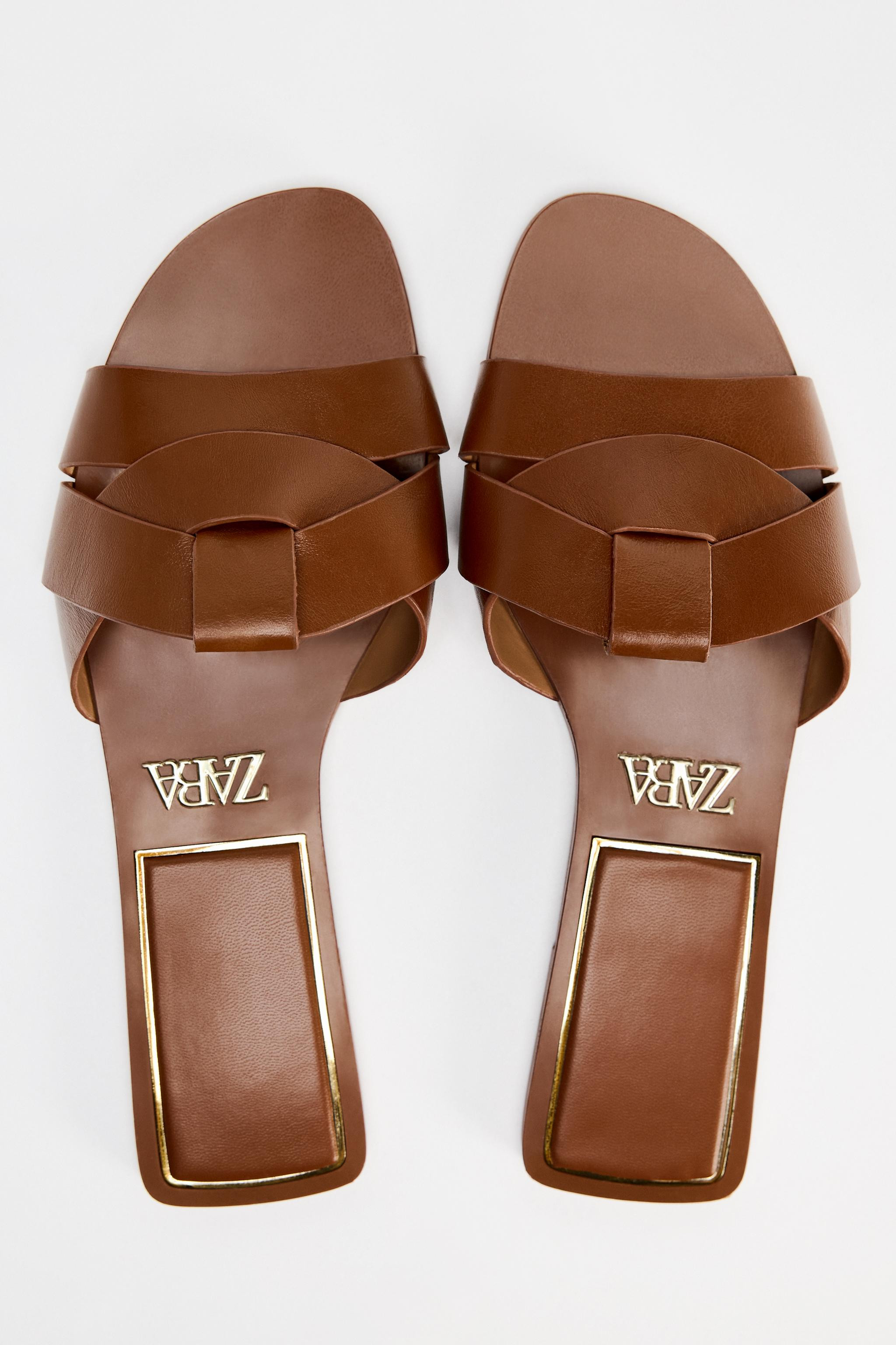 FLAT CROSSED LEATHER SANDALS | Zara US