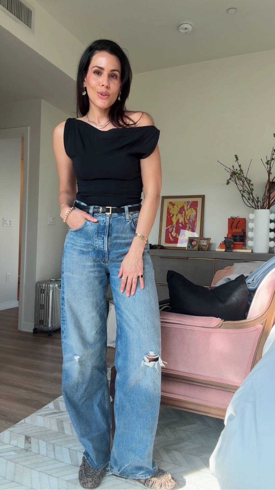 OOTN 🤍
Keeping it effortless for a casual dinner in Santa Monica—my favorite loose, baggy ripped jeans paired with the most flattering draped top (wear it off-shoulder or up… obsessed). It cinches in all the right places ✨

Wearing a size small in the top.
Finished it off with my go-to leopard suede slide loafers (the best YSL dupe) + the cutest mismatched charm earrings.
Chanel bag is borrowed from Vivrelle.
Shoes are true to size.

Easy, chic, and comfortable—exactly the vibe tonight.

PS: I just got a new code for you guys—use it for 40% off your first 3 months of Vivrelle membership 🤍 Code: DIANACAROLINA403

#LTKgrwm #LTKootd #LTKfoodie
