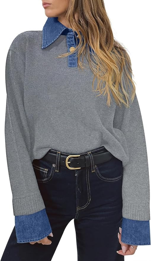 Saodimallsu Womens Denim Patchwork Sweaters V Neck Polo Pullover Tops | Amazon (US)