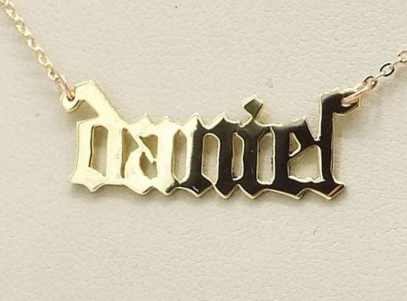 old english  name plate . 14k gold .  with a chain | Etsy (US)