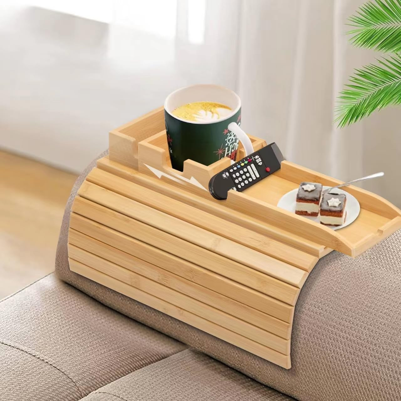 Bamboo Couch Cup Holder, Foldable and Anti-Slip Sofa Arm Table with Detachable Sofa Arm Organizer... | Amazon (US)