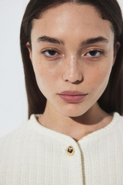 Structured-knit Cardigan - Round Neck - Short sleeve - Cream - Ladies | H&M US | H&M (US + CA)