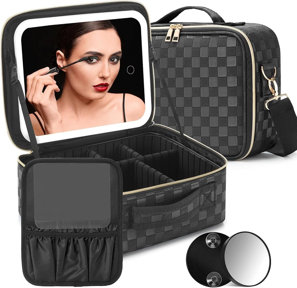 Travel Makeup Bag with LED Mirror - Lighted Makeup Case with 3 Color Setting - Rechargeable Cosme... | Amazon (US)