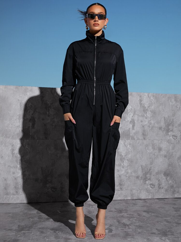 SHEIN Pocket Side Zip Half Placket Drop Shoulder Jumpsuit | SHEIN