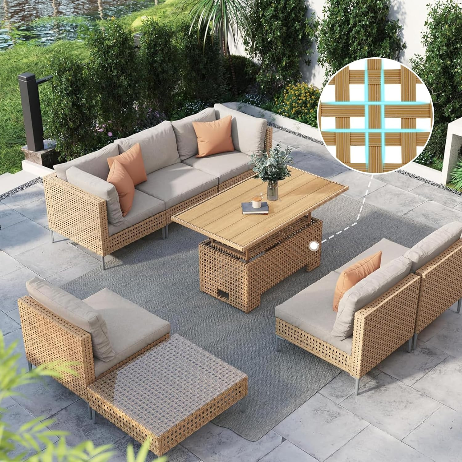 Grand patio 8-Piece Wicker Patio Furniture Set with Lift Top Coffee Storage Table, Outdoor Conversation Set Sectional Sofa with Water Resistant Thick Cushions, Cream | Amazon (US)