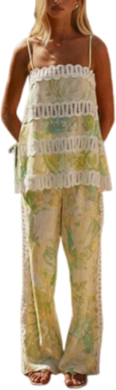 Women's 2 Piece Floral Print Set Lace Trim Cami Top & Wide Leg Pants Set Boho Summer Vacation Outfit | Amazon (US)