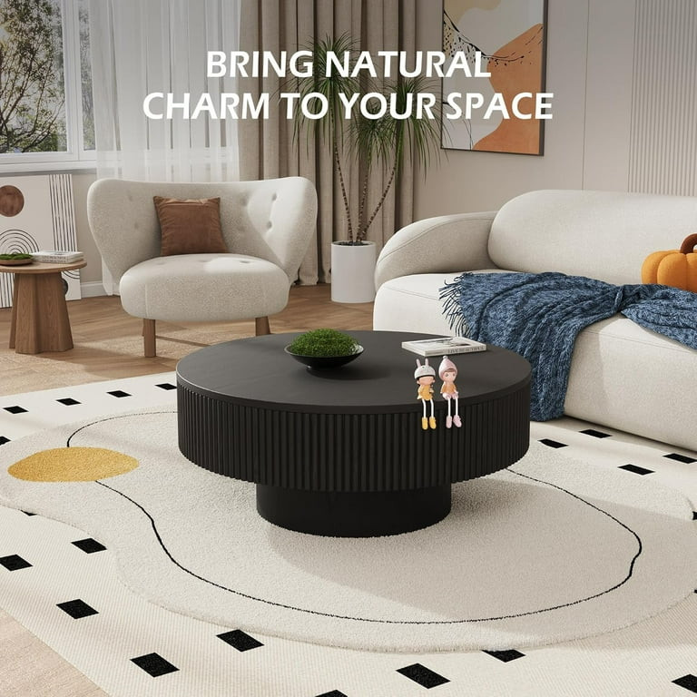 Gelloan 35" Round Fluted Coffee Table, Modern Wood Circle Coffee Table, Veneer Handcrafted Relief... | Walmart (US)