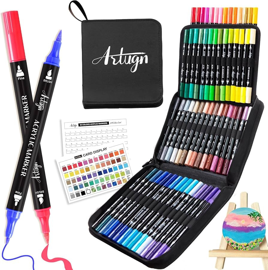60 Colors Acrylic Paint Pens, Dual Tip Pens With Fine Tip and Brush Tip for Rock Painting, Cerami... | Amazon (US)