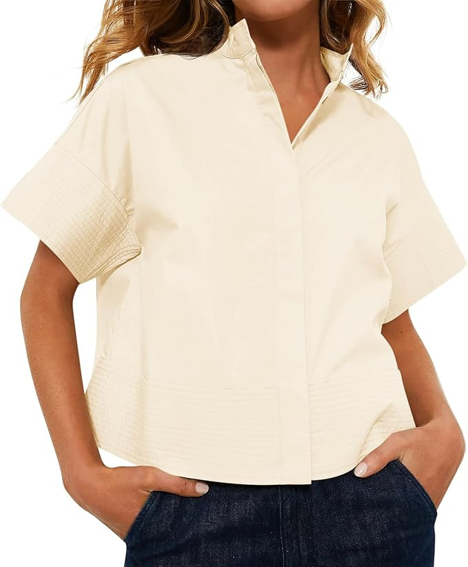 Cicy Bell Womens Cropped Short Sleeve Button Down Shirts Pleated Summer Dressy Casual Blouse Stan... | Amazon (US)