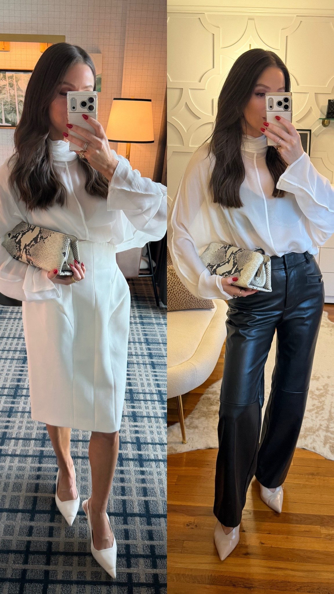 The chic-est going out top styled two ways and the bag that converts with several different straps. The top runs oversized but I did my true size small and did my true size in the skirt, too!