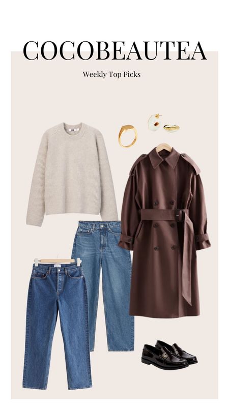 Aw top picks, autumn winter fashion, autumn winter style, winter key pieces, Missoma jewellery, Saint Laurent leather loafers, &other stories trench coat, jeans, Uniqlo Jumper 

#LTKeurope #LTKstyletip #LTKSeasonal