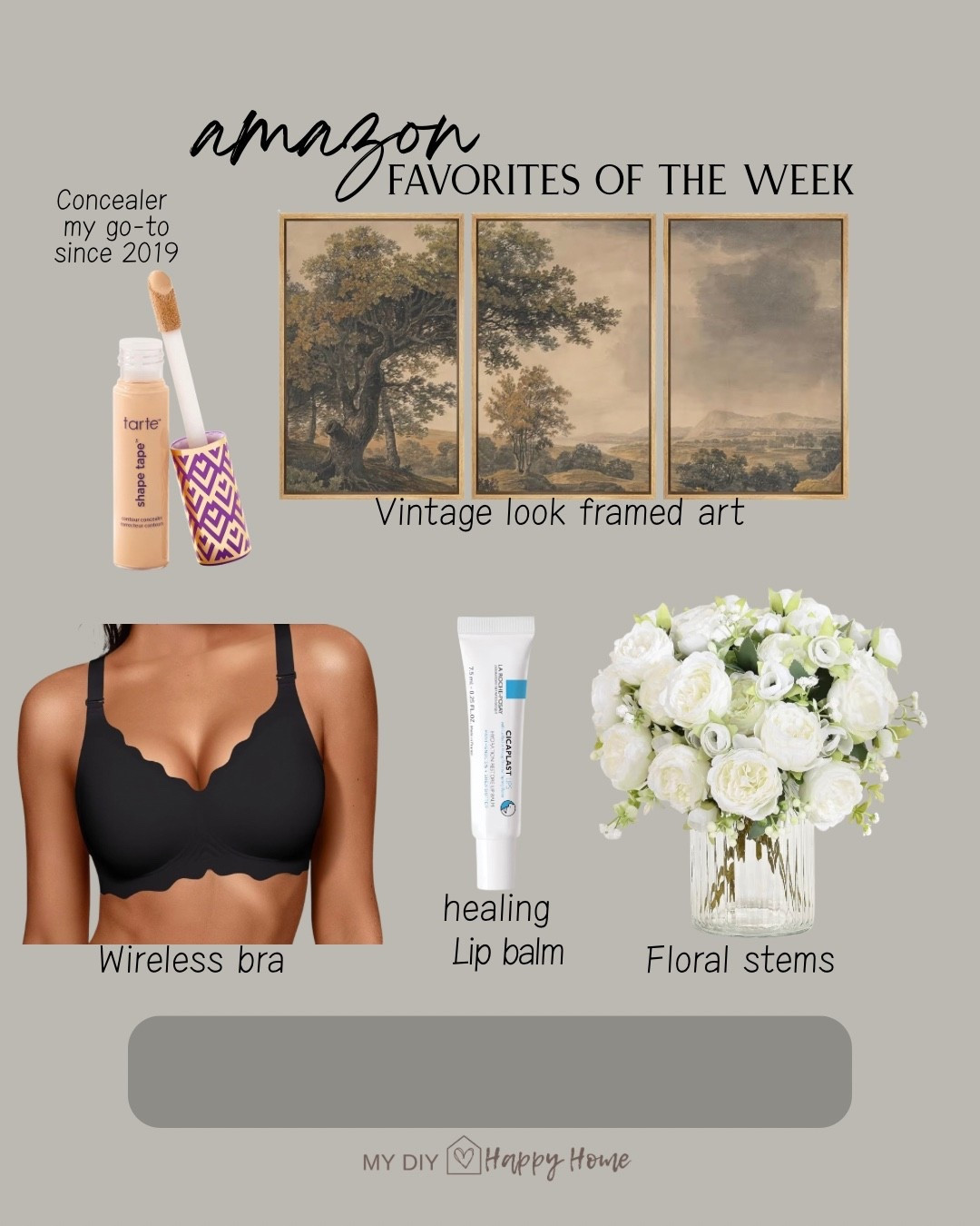 Weekly favorites from Amazon 

My go to concealer since 2019
Vintage look frames art
Wireless bra 
Healing lip treatment 
Floral stems 

#LTKselfcare #LTKSeasonal #LTKHome