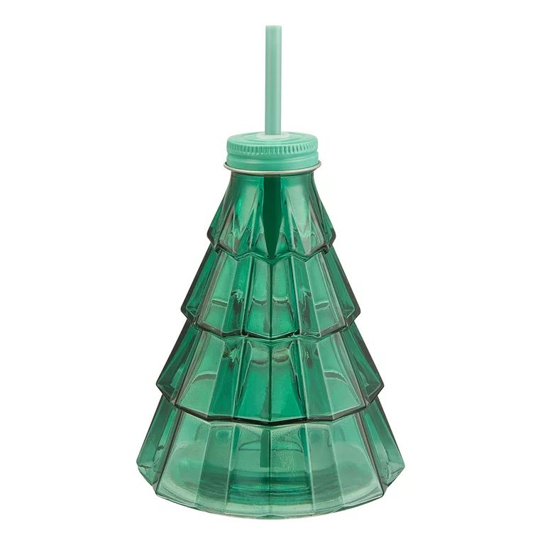Holiday Time 21-Oz Glass Christmas Tree Sipper with Lid & Straw, Green | Walmart (US)