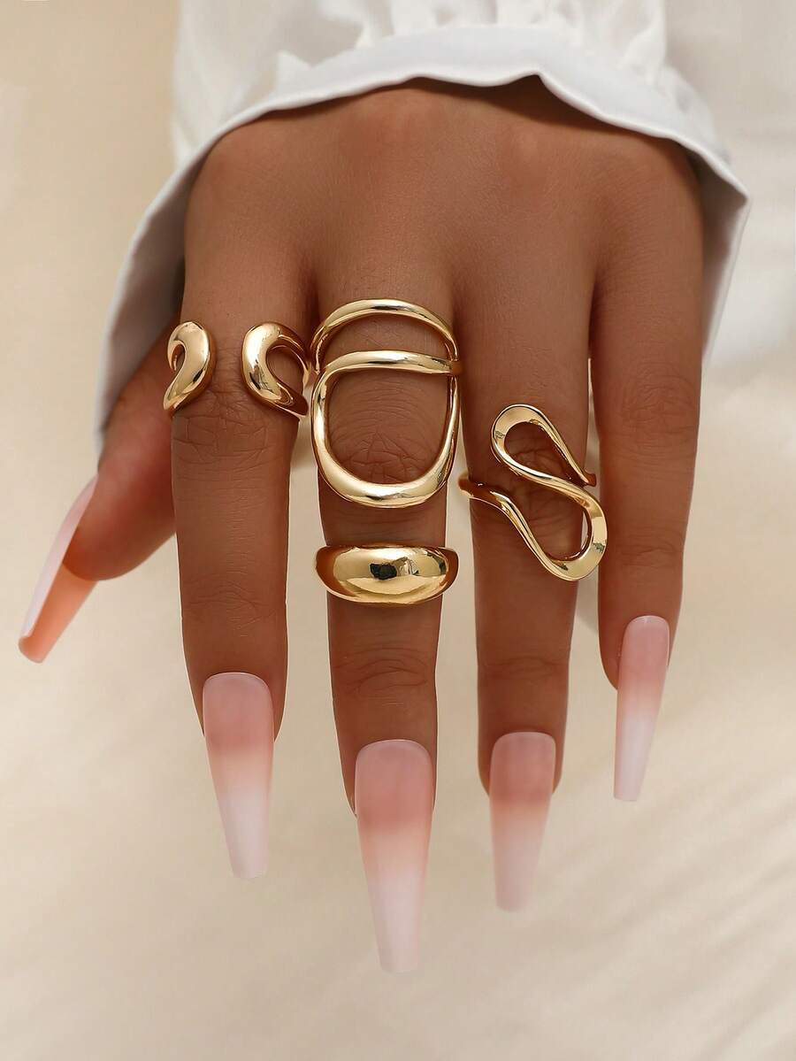 4Pcs /Set Fashion Bohemian Geometric Hollow Asymmetrical Abstract Design Adjustable Gold Rings Se... | SHEIN