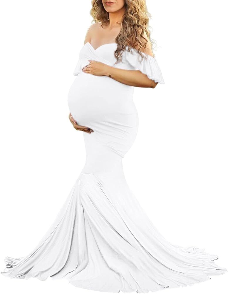 Saslax Off Shoulder Ruffle Sleeves Elegant Fitted Maxi Maternity Dress for Photoshoot Baby Shower | Amazon (US)