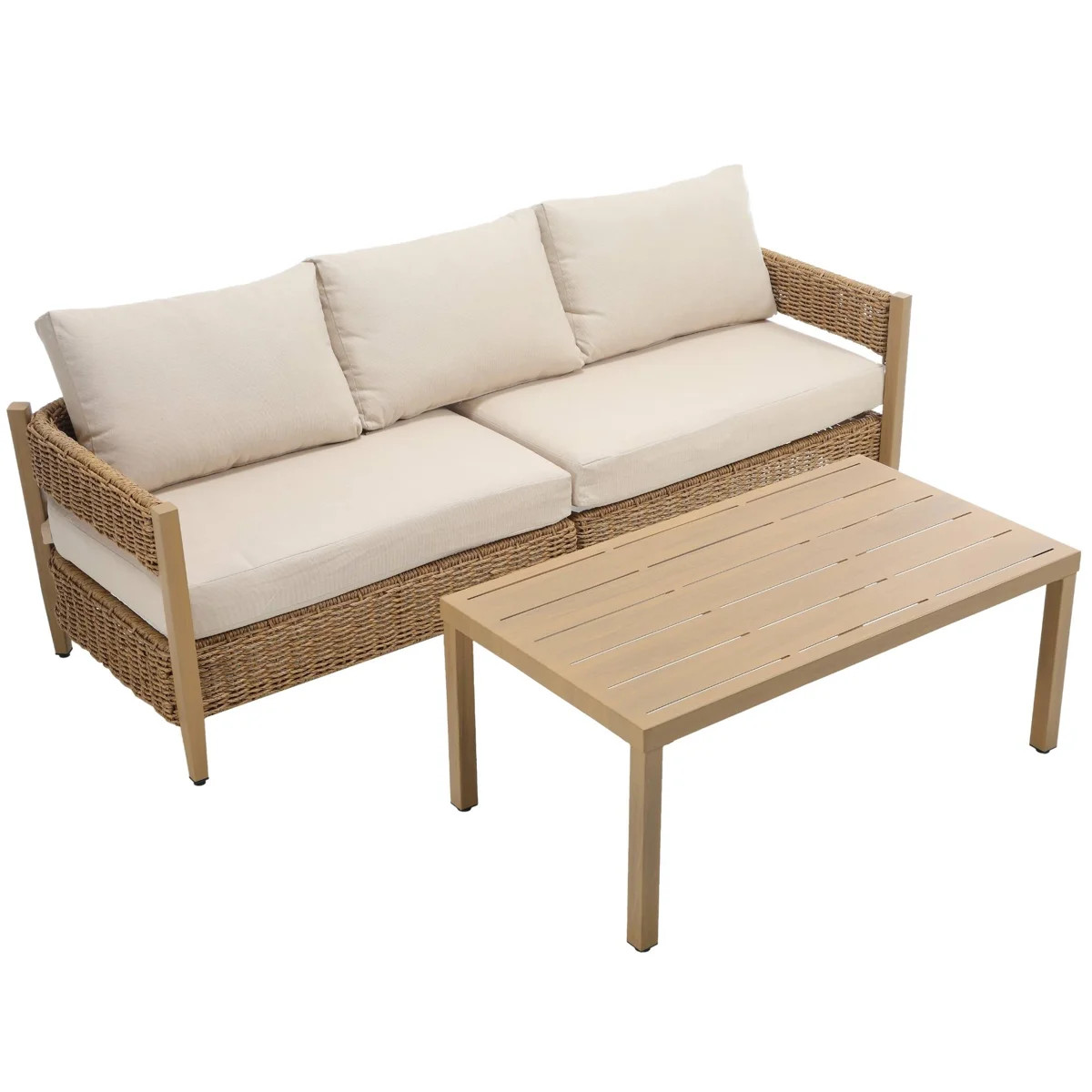 Koosharem Three-Seat Rattan Sofa With Coffee Table, Outdoor Rattan Patio Furniture Sets With Cush... | Wayfair North America