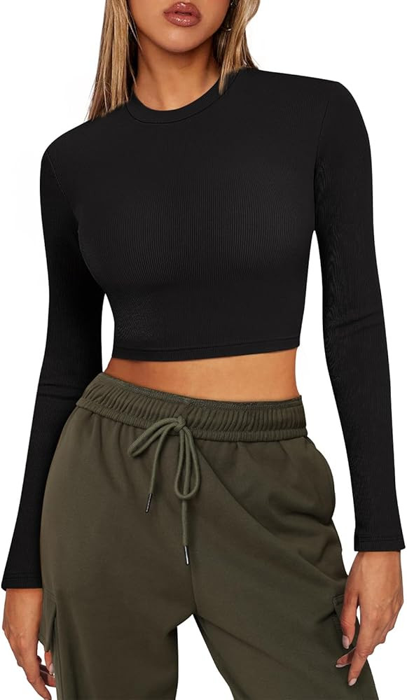 Trendy Queen Womens Long Sleeve Shirts Basic Ribbed Slim Fitted Tops Casual Fall Fashion Y2k Teen... | Amazon (US)