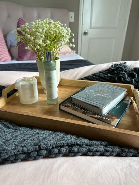 Target bed tray + candle, floral arrangement and room spray. Y’all that room spray smells like hollister but toned down and softer. I’m obsessed! 

#LTKhome