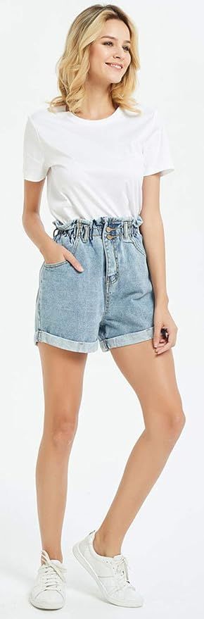 Plaid&Plain Women's High Waisted Denim Shorts Rolled Blue Jean Shorts | Amazon (US)