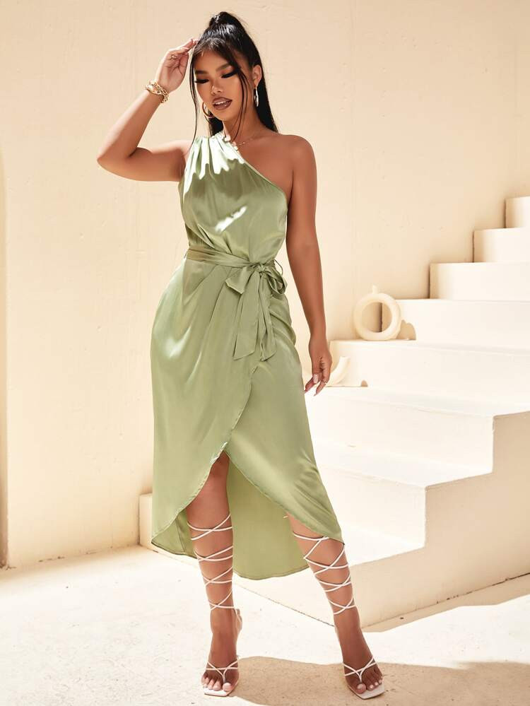 SHEIN SXY One Shoulder Wrap Belted Satin Dress | SHEIN