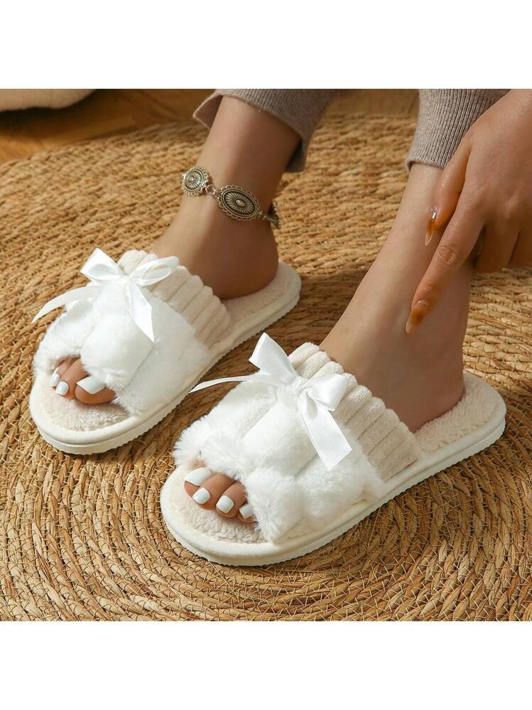 Women's Bunny Fur Bowknot Design Slide Slippers, Comfortable Open Toe Solid Plush Home Shoes For Bedroom Or Floor | SHEIN
