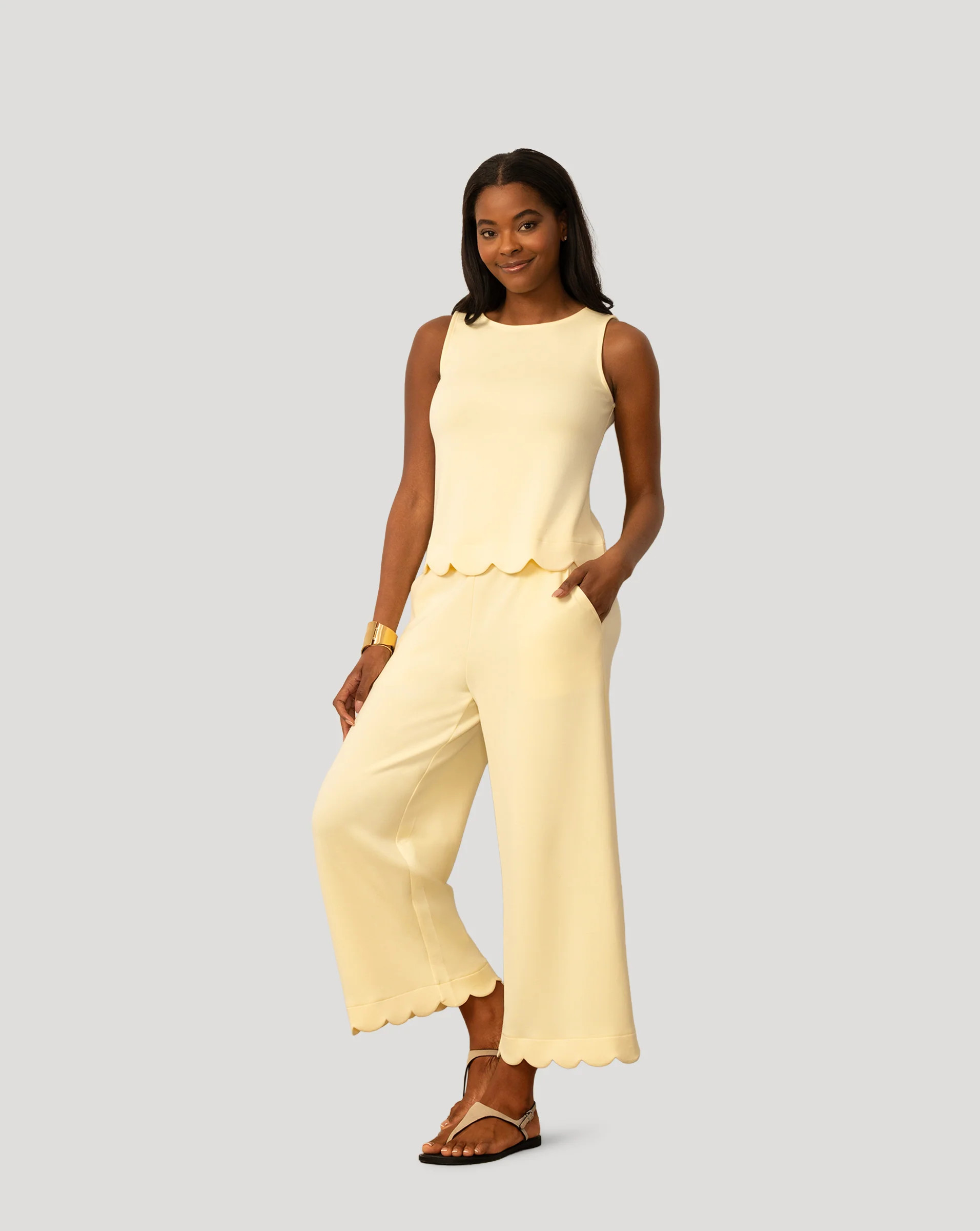 Women's Scallop Trim Top and Capri Matching Pant Set in Flan | Cable & Gauge | Cable & Gauge