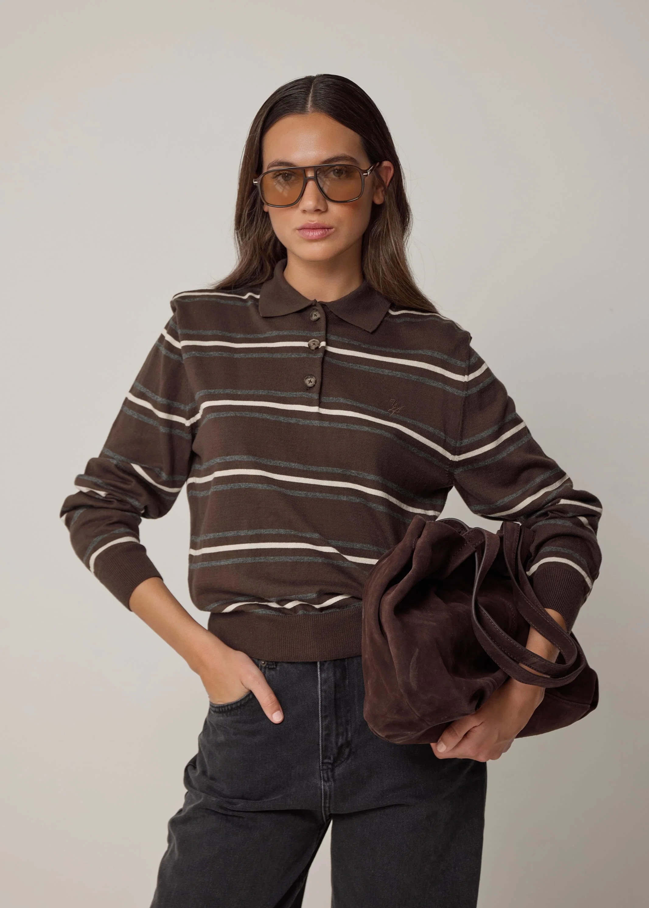 LONG SLEEVE KNITTED POLO - BROWN STRIPE | WAT The Brand