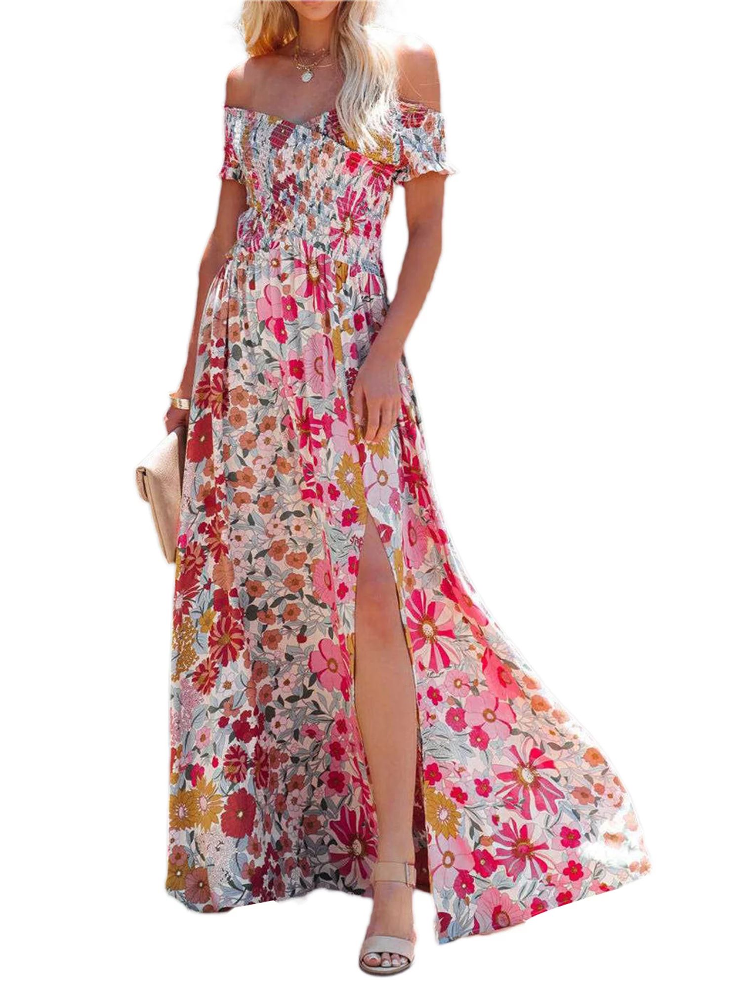 Afunbaby Women's Boho Beach Dress, Off Shoulder Wrap Dress Short Sleeve Floral Print Loose Fit Lo... | Walmart (US)