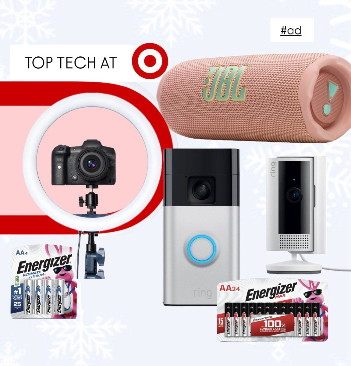
#ad Rounding up the Top Tech at Target 🎯✨ — the stuff we actually use, love, and gift every year! Whether you’re filming holiday memories, upgrading your doorbell cam, blasting Christmas playlists, or stocking up on batteries (because every toy takes AAs 😅)… Target has you covered 🙌

From smart home essentials to lighting that makes content look chef’s kiss, this guide has something for everyone on your list! 🎁 #TargetPartner #TargetTopTech #TopTech #Holidaygifts @Target @shop.ltk #shopltk #liketkit 

#LTKHoliday