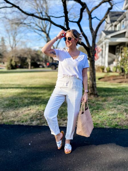 White outfit. Spring outfit. Basic outfit. Neutral outfit. Sandals. Trousers. Neutral outfit. Size down 1 in the pants  

#LTKstyletip #LTKunder50 #LTKSeasonal
