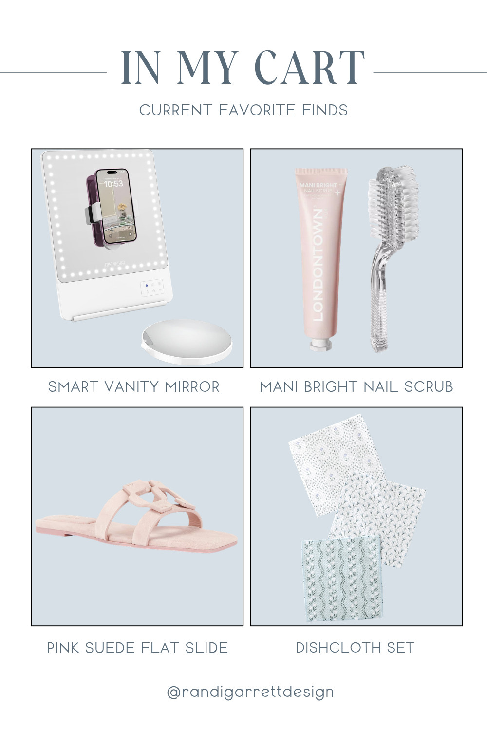 New home, beauty, and style finds I'm loving lately and adding to my shopping cart!

Smart Vanity Mirror
Manicure Nail Scrub Set
Pink Suede Flat Slide Sandals
farmhouse Floral Dishcloth Set

#LTKootd #LTKSeasonal #LTKBeauty