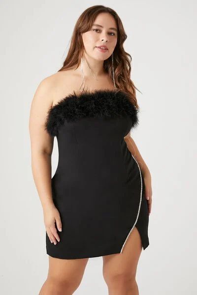 Plus Size Faux Feather-Trim Tube Dress | Forever 21 | Forever 21 (US)