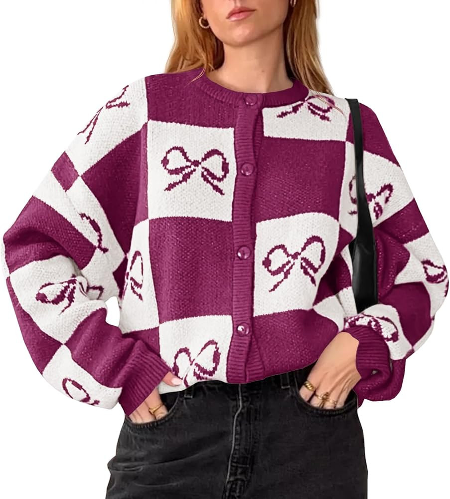 Saodimallsu Womens Checkered Sweater Bow Color Block Plaid Cardigan Long Sleeve Button Open Front... | Amazon (US)