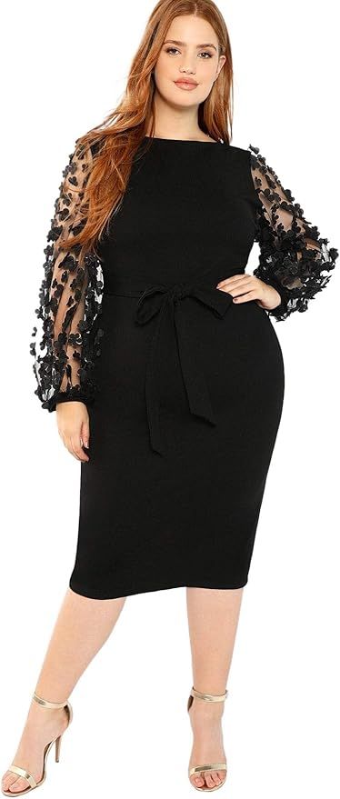 SheIn Women's Plus Elegant Mesh Contrast Appliques Sleeve Stretchy Bodycon Pencil Dress | Amazon (US)