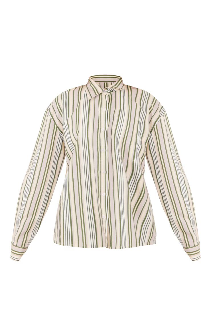 Khaki Stripe Linen Look Pocket Front Long Sleeve Oversized Shirt | PrettyLittleThing US