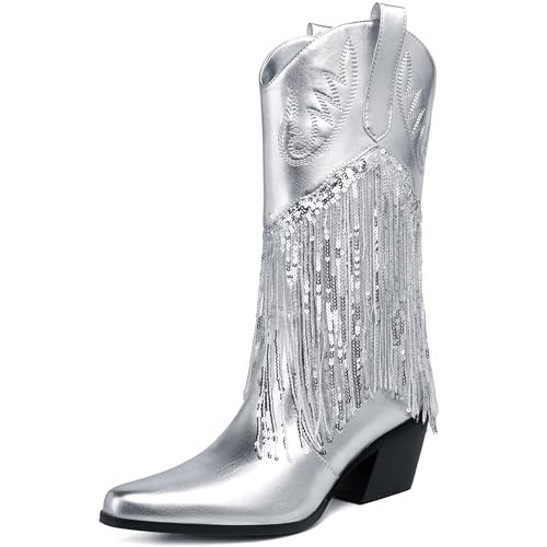 CDHYX Fringe Cowboy Boots for Women Metallic Cowgirl Mid-Calf Boots Sexy Embroidered Chunky Pointed Toe Glitter Boots (Silver 11) | Amazon (US)