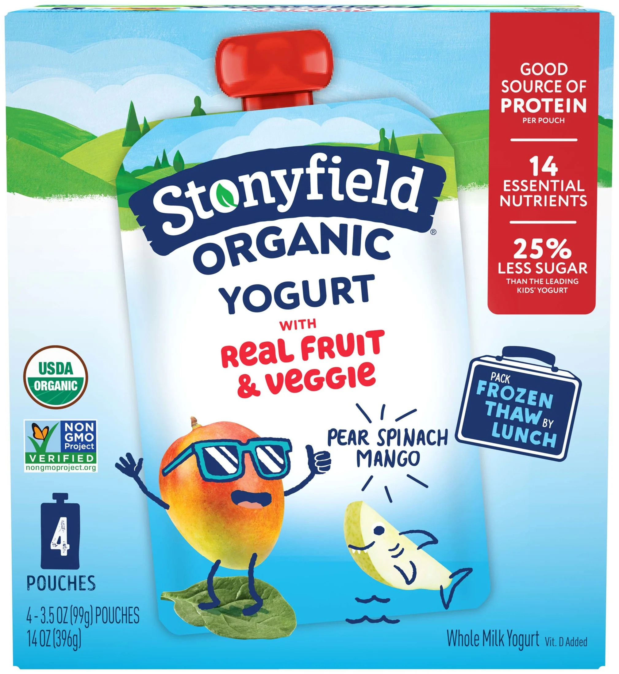 Stonyfield Organic Kids Pear Spinach Mango Whole Milk Yogurt Pouches, 3.5oz, 4 Count | Walmart (US)