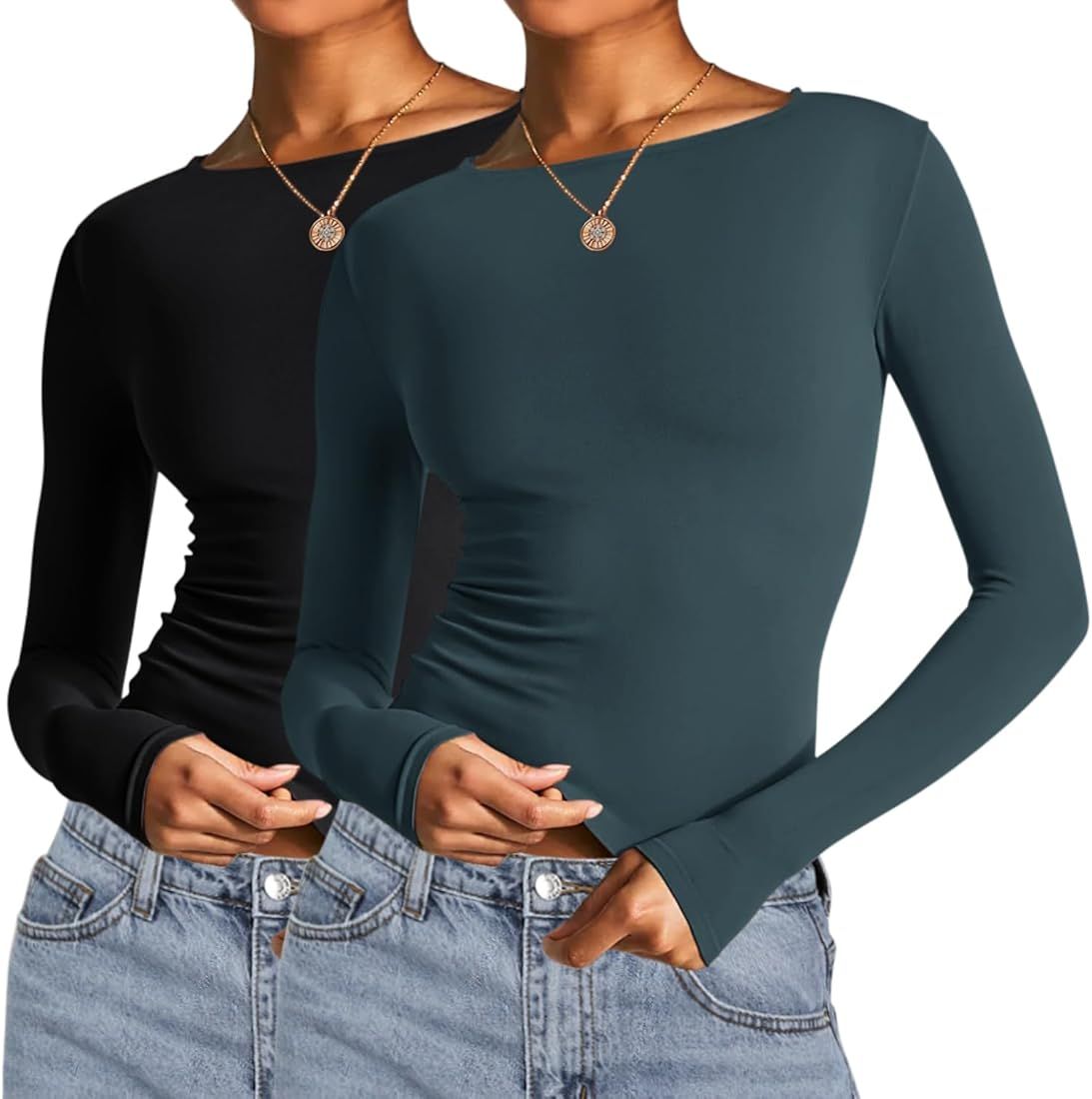 AKEWEI Long Sleeve Crop Tops for Women 2 Pack Fall Going Out Outfits Cute Tight Basic Tees Shirt | Amazon (US)