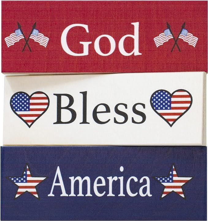 JennyGems God Bless America 3pc Wooden Block Sign Set, Patriotic Decor for Shelf, Table or Tiered... | Amazon (US)