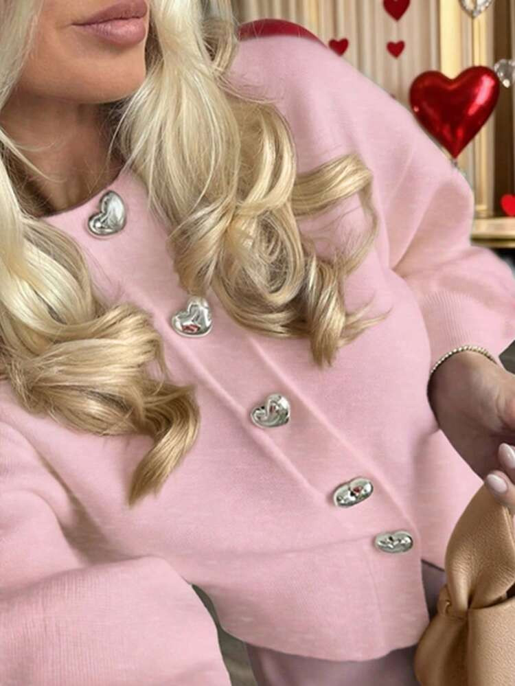FOR BEAUTY Women's New Spring Pink Cardigan, Minimalist Casual Elegant Style, Round Neck Long Sleeve Ribbed Heart Button Closure, Collegiate Knit Top, Great For New Year & Valentine's Day | SHEIN