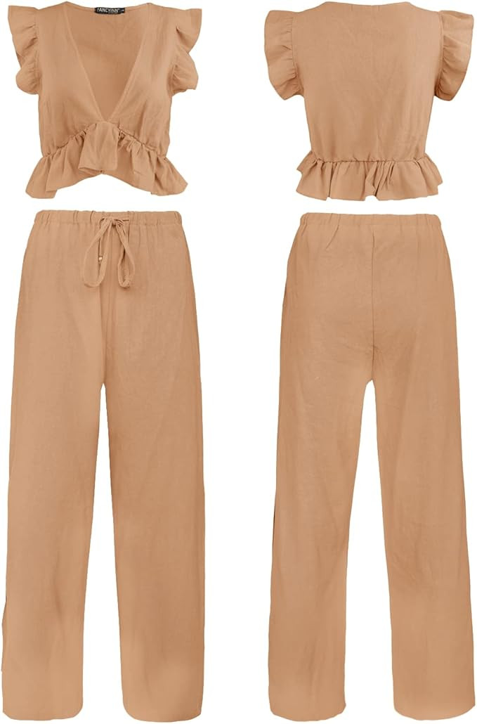 FANCYINN Womens 2 Pieces Outfits Deep V Neck Crop Top Side Slit Drawstring Wide Leg Pants Set Jum... | Amazon (US)