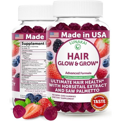 Lunakai Hair Glow & Grow Gummies, with Horsetail Extract & Saw Palmetto, Mixed Berry Flavored Gummies, Dietary Supplement - 60 CT | Target