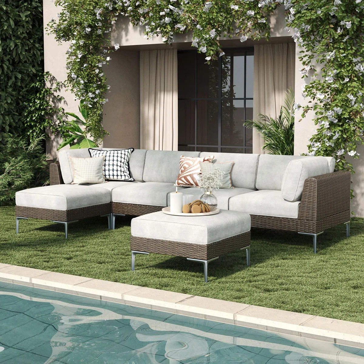 6-piece Wicker Rattan Patio Furniture Set, Deep Seating Outdoor Modular Sectional Sofa Conversati... | Wayfair North America