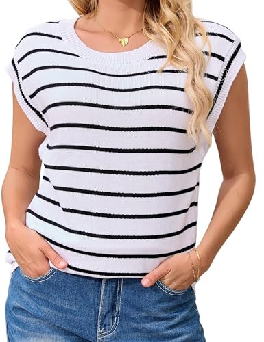 V FOR CITY Summer Stripe Sweater Top for Women Lightweight Work Vocation Vest Sweater Fall Spring Clothes 2024 White Large | Amazon (US)