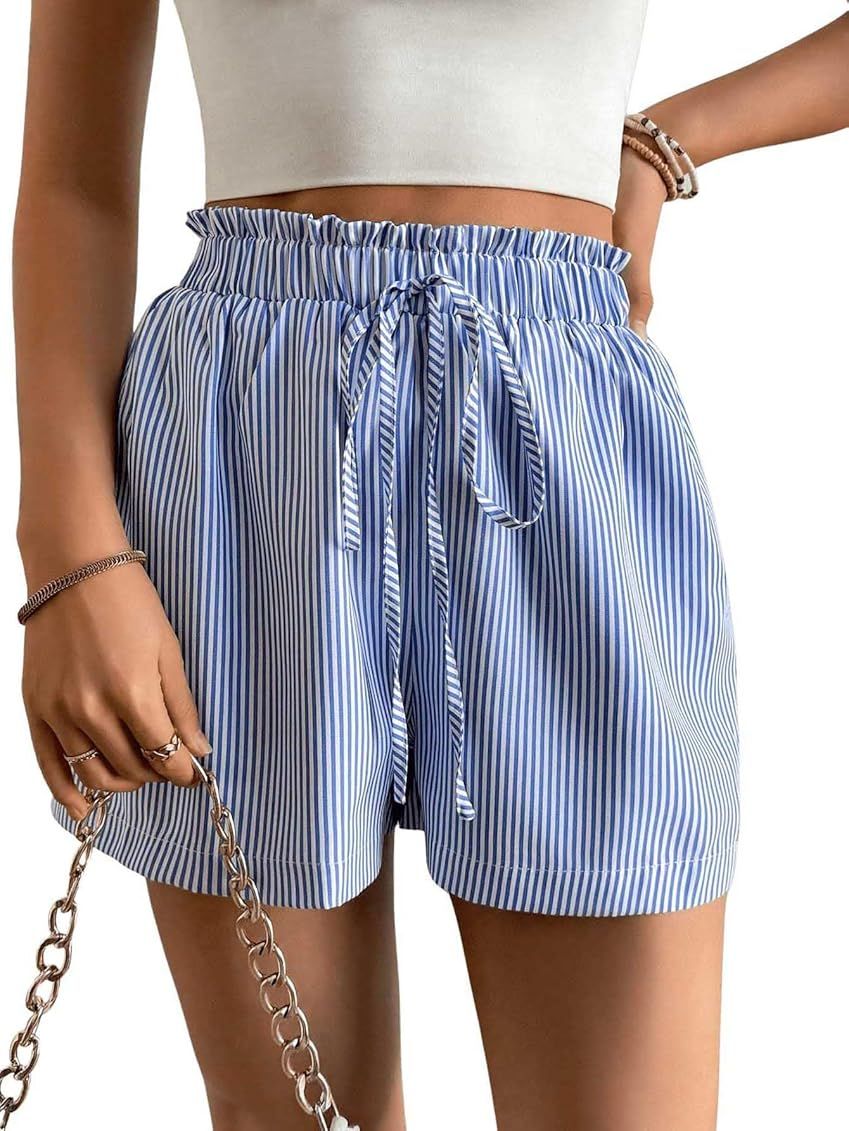 Floerns Women's Striped Print Elastic Waist Shorts Straight Leg Paperbag Shorts | Amazon (US)