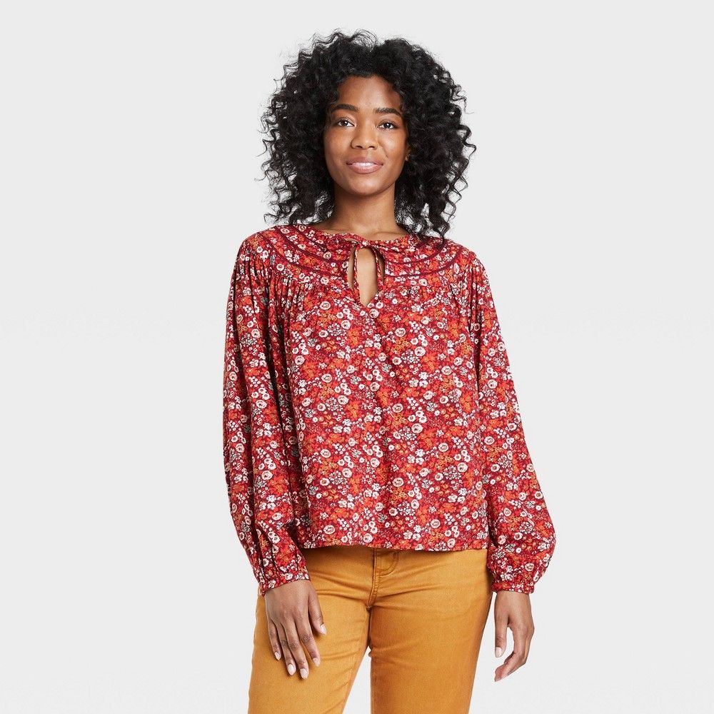 Women's Balloon Long Sleeve Tie-Front Blouse - Universal Thread Red Floral L | Target