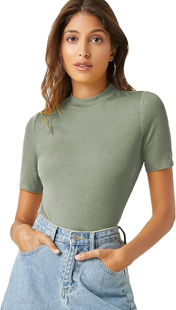 Verdusa Women's Casual Basic Mock Neck Short Sleeve Rib Knit Tee Top | Amazon (US)