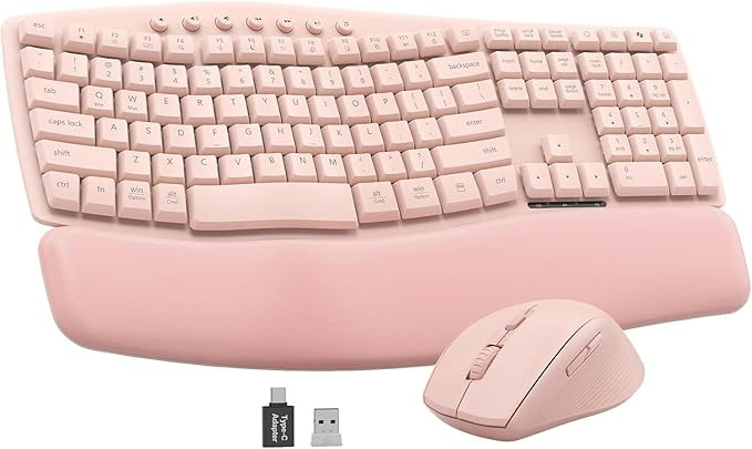 Pink Wireless Keyboard and Mouse Combo, 30dB Quiet Ergonomic Wave Keyboard Set with Soft Leather ... | Amazon (US)